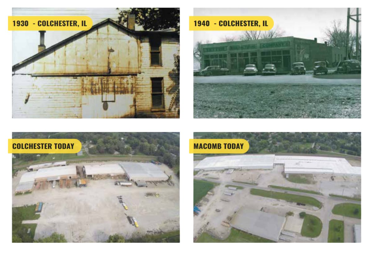 Grid of 4 historic photographs of Yetter Manufacturing locations