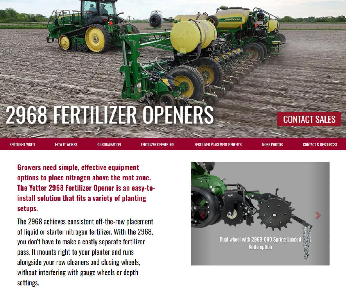 Screenshot from landing page for Yetter 2968 fertilizer Openers